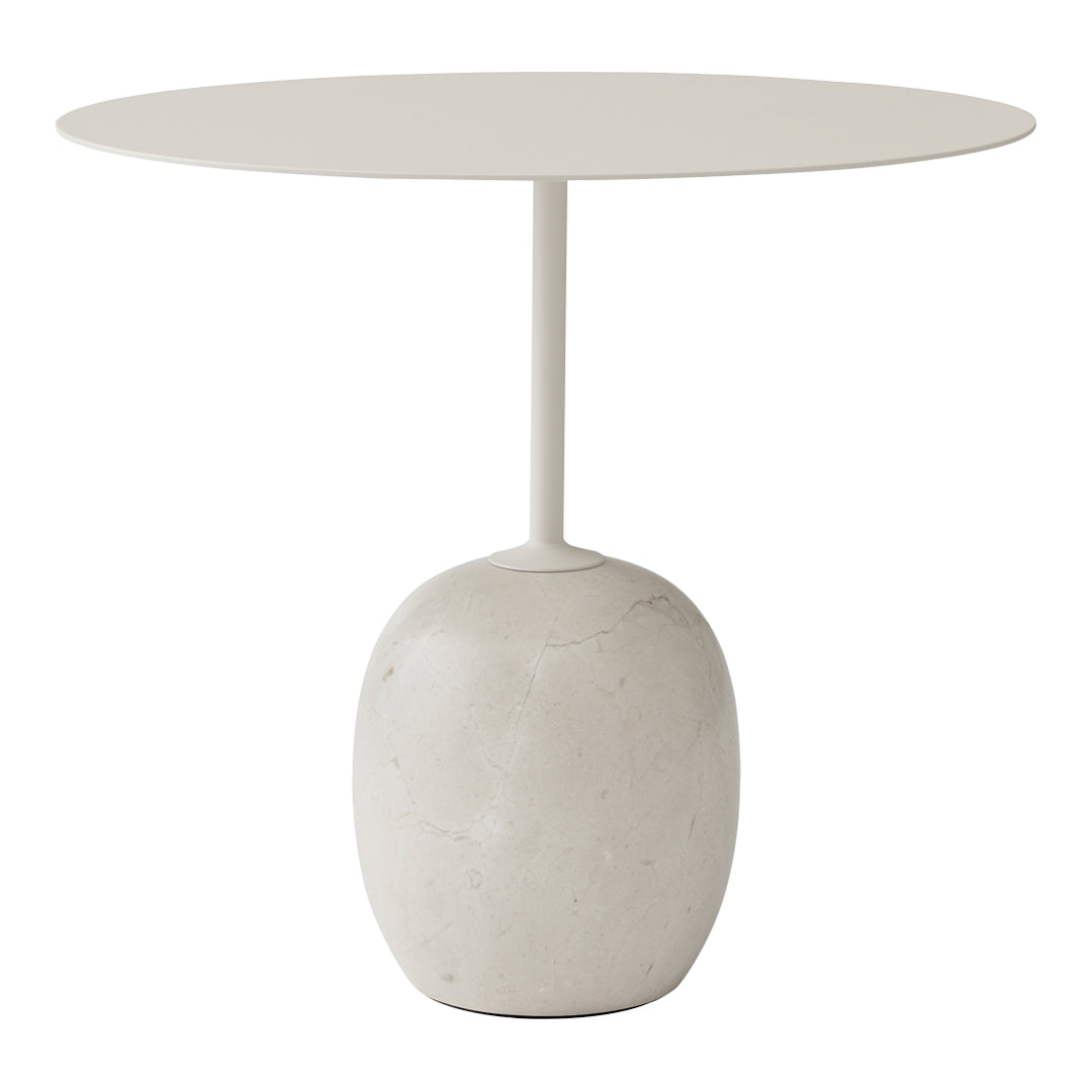 Table d'appoint contemporaine en marbre et acier avec piètement sculptural en forme de sucette inversée pour salon ou chambre à coucher