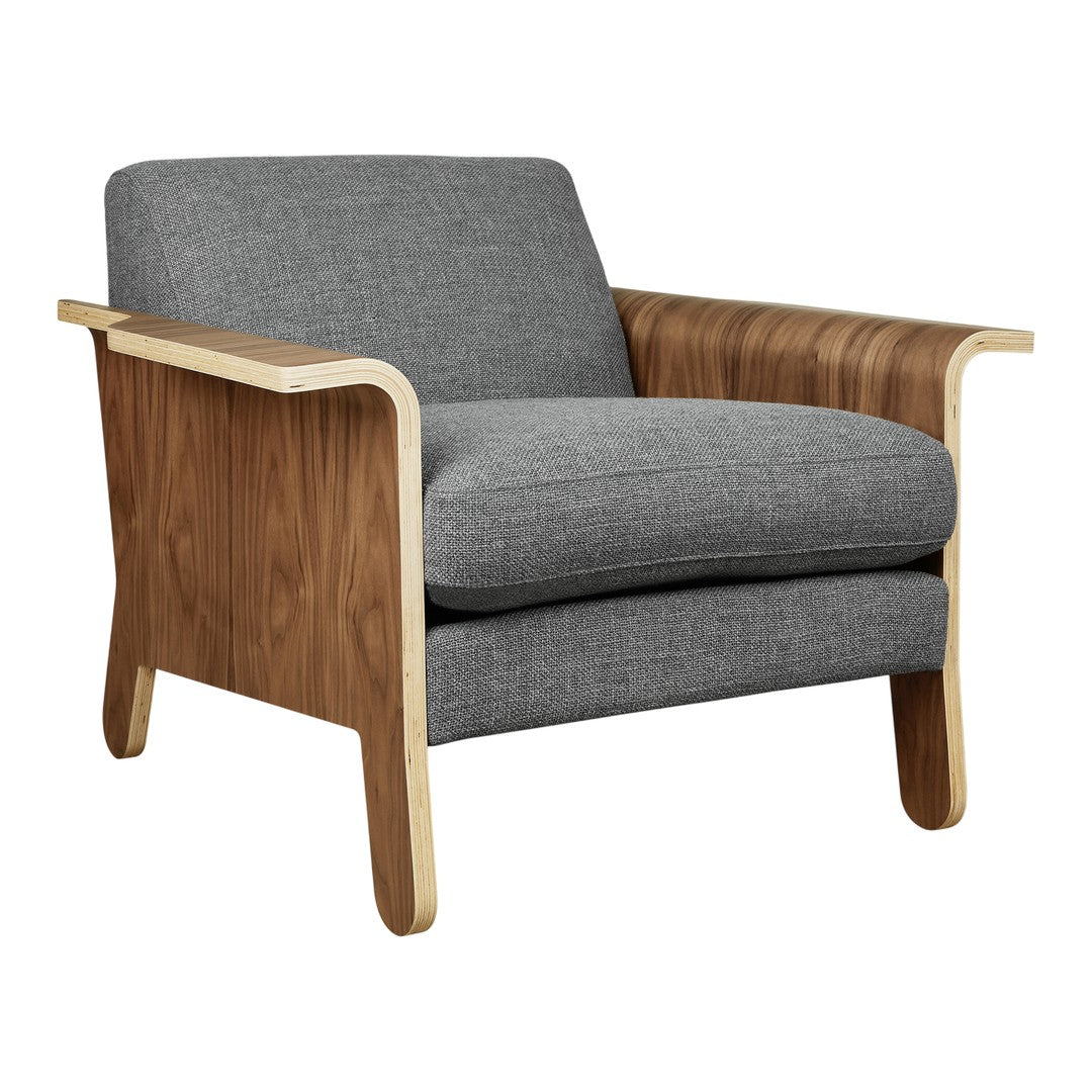 Fauteuil club contemporain en noyer et bois courbé avec revêtement en tissu ou en cuir pour salon