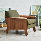 Fauteuil club contemporain en noyer et bois courbé avec revêtement en tissu ou en cuir pour salon