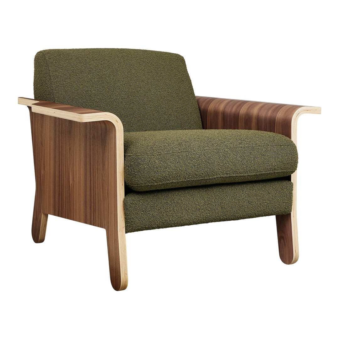 Fauteuil club contemporain en noyer et bois courbé avec revêtement en tissu ou en cuir pour salon