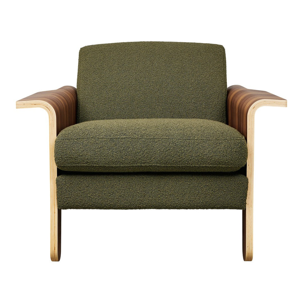 Fauteuil club contemporain en noyer et bois courbé avec revêtement en tissu ou en cuir pour salon