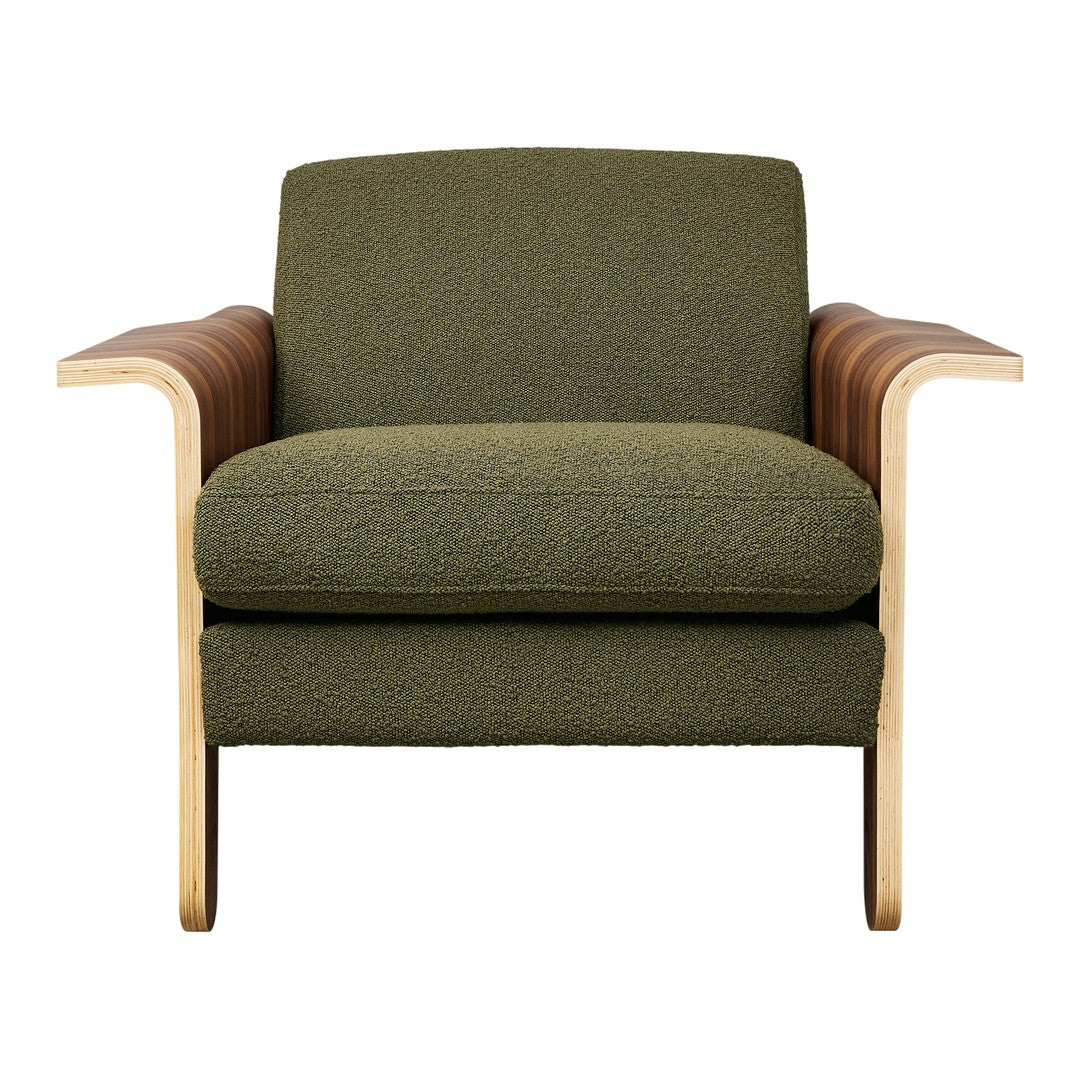 Fauteuil club contemporain en noyer et bois courbé avec revêtement en tissu ou en cuir pour salon