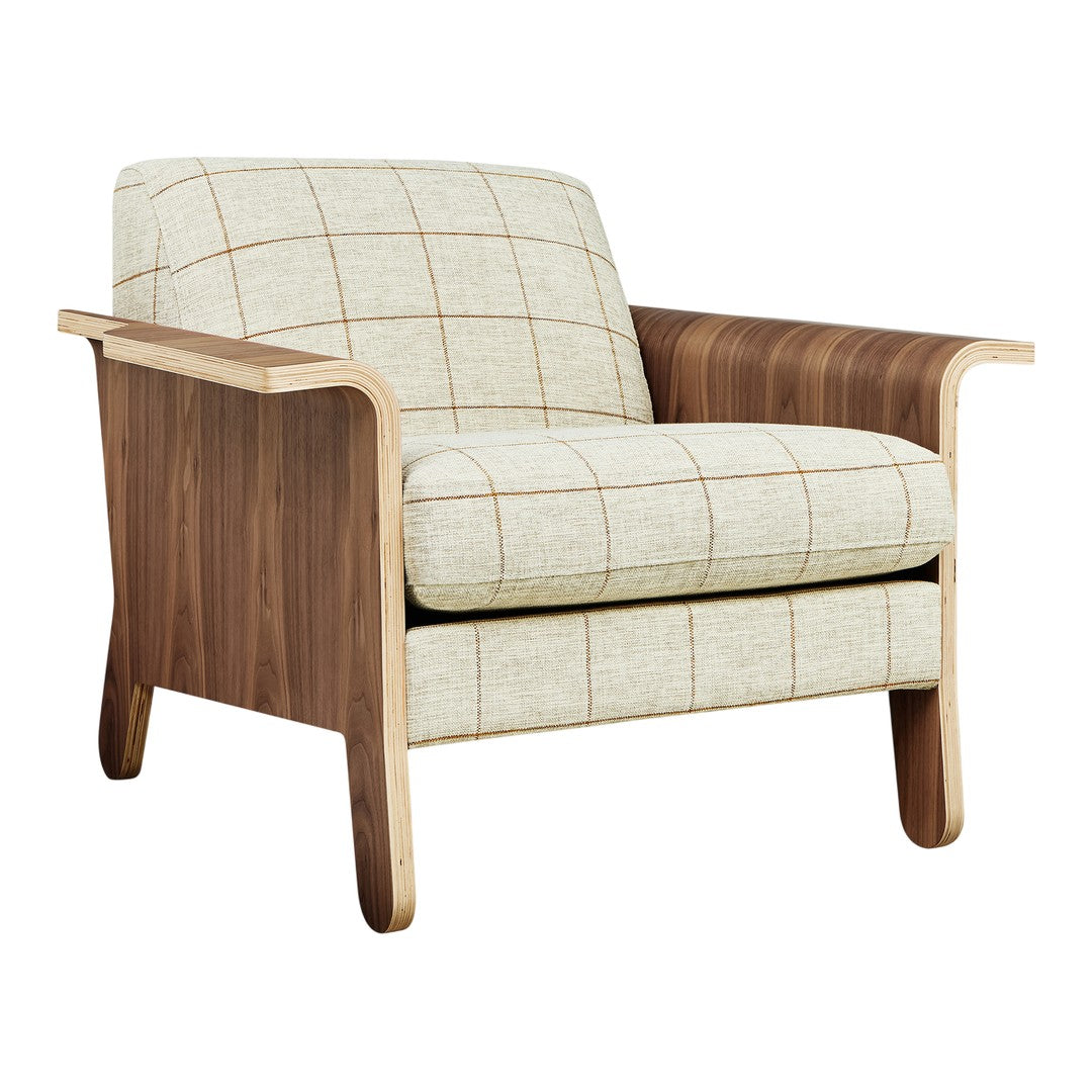 Fauteuil club contemporain en noyer et bois courbé avec revêtement en tissu ou en cuir pour salon