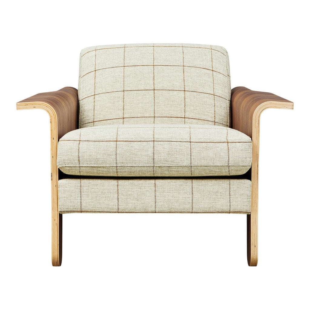 Fauteuil club contemporain en noyer et bois courbé avec revêtement en tissu ou en cuir pour salon
