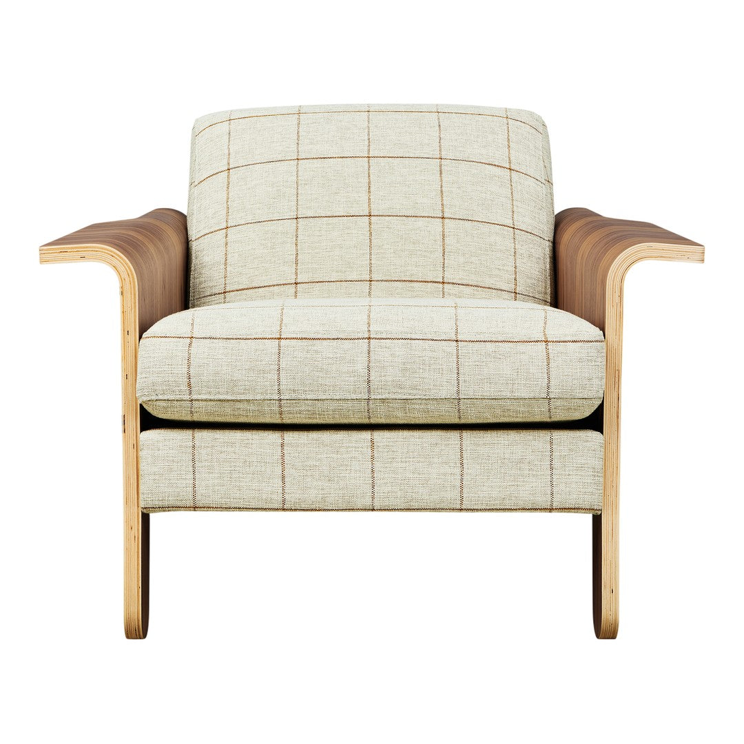 Fauteuil club contemporain en noyer et bois courbé avec revêtement en tissu ou en cuir pour salon