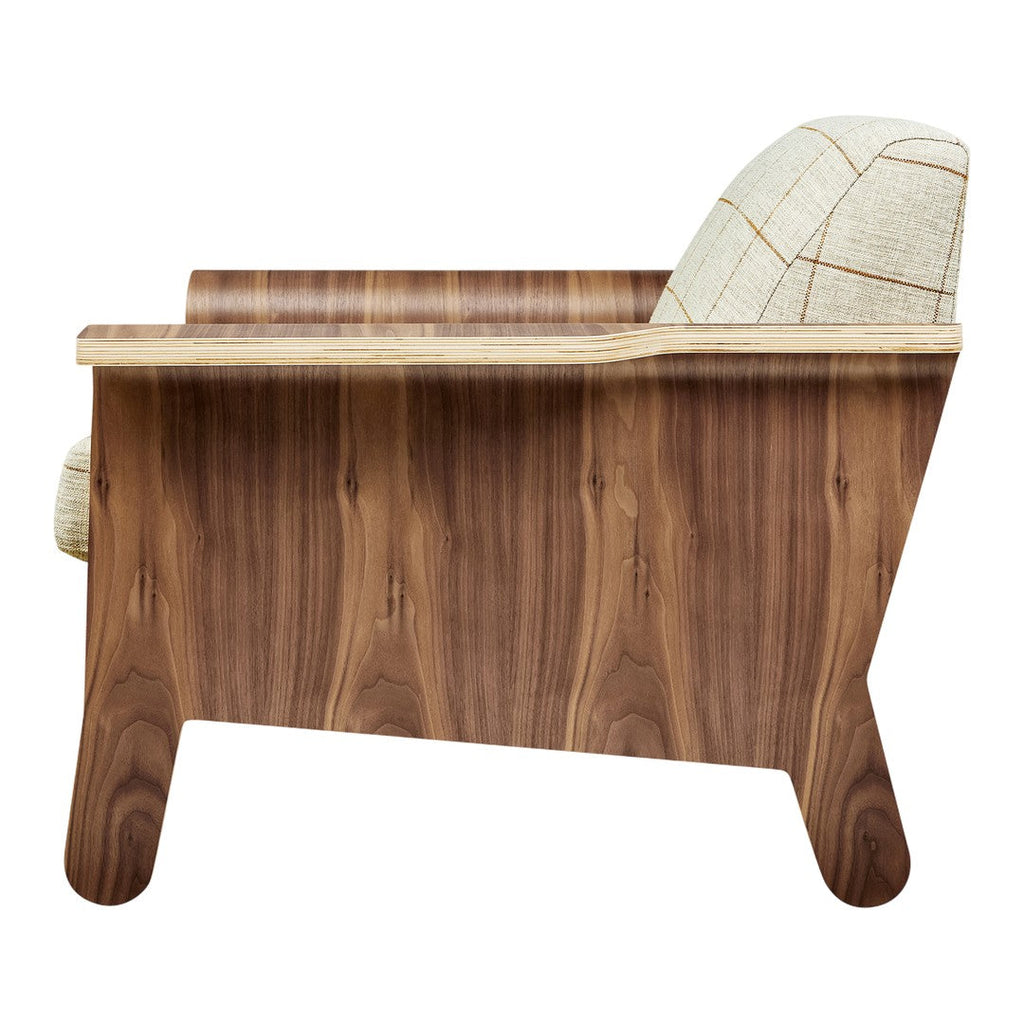Fauteuil club contemporain en noyer et bois courbé avec revêtement en tissu ou en cuir pour salon