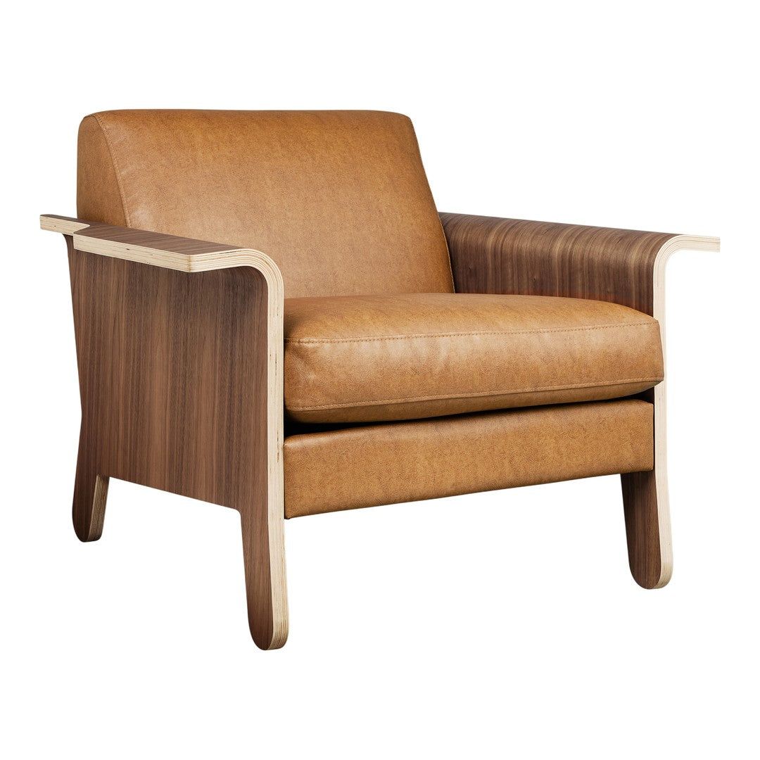 Fauteuil club contemporain en noyer et bois courbé avec revêtement en tissu ou en cuir pour salon