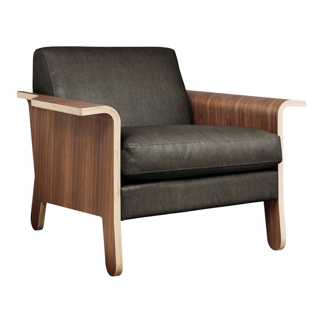 Fauteuil club contemporain en noyer et bois courbé avec revêtement en tissu ou en cuir pour salon