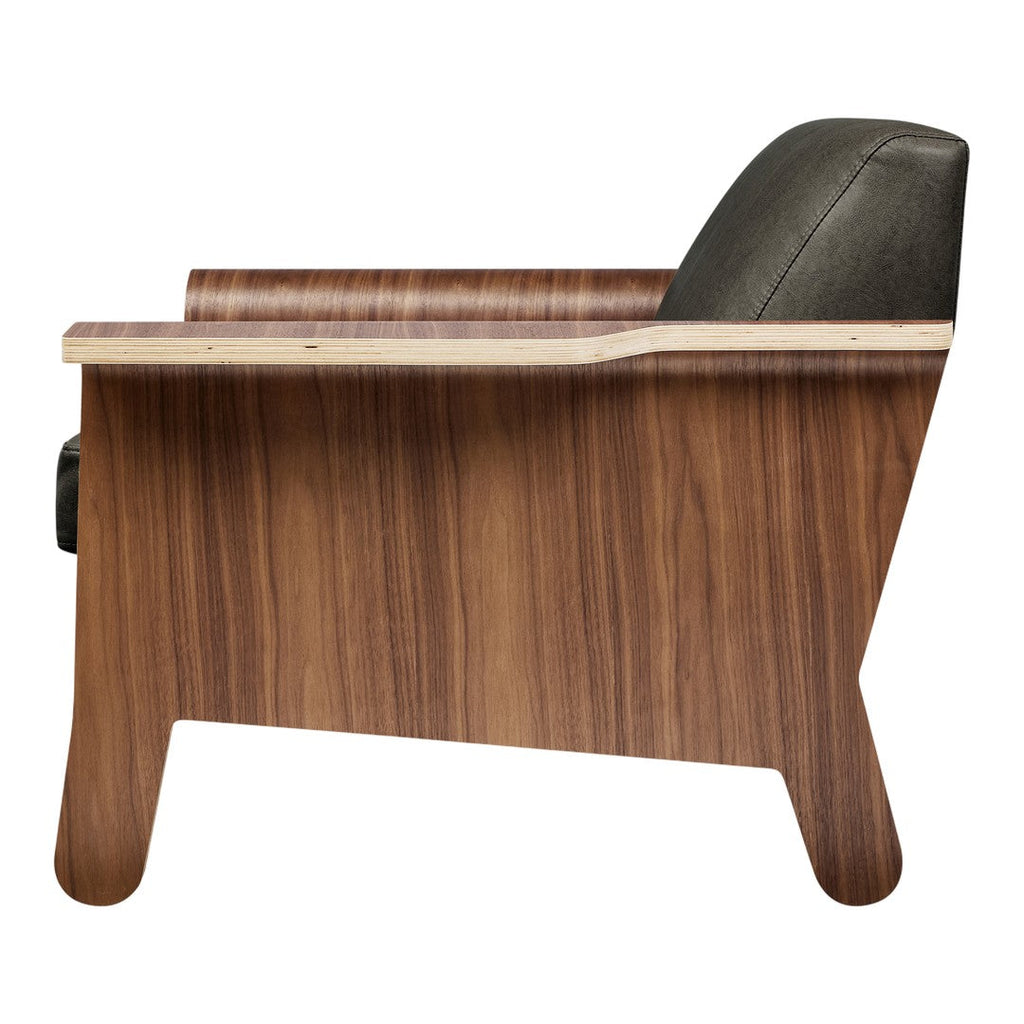 Fauteuil club contemporain en noyer et bois courbé avec revêtement en tissu ou en cuir pour salon