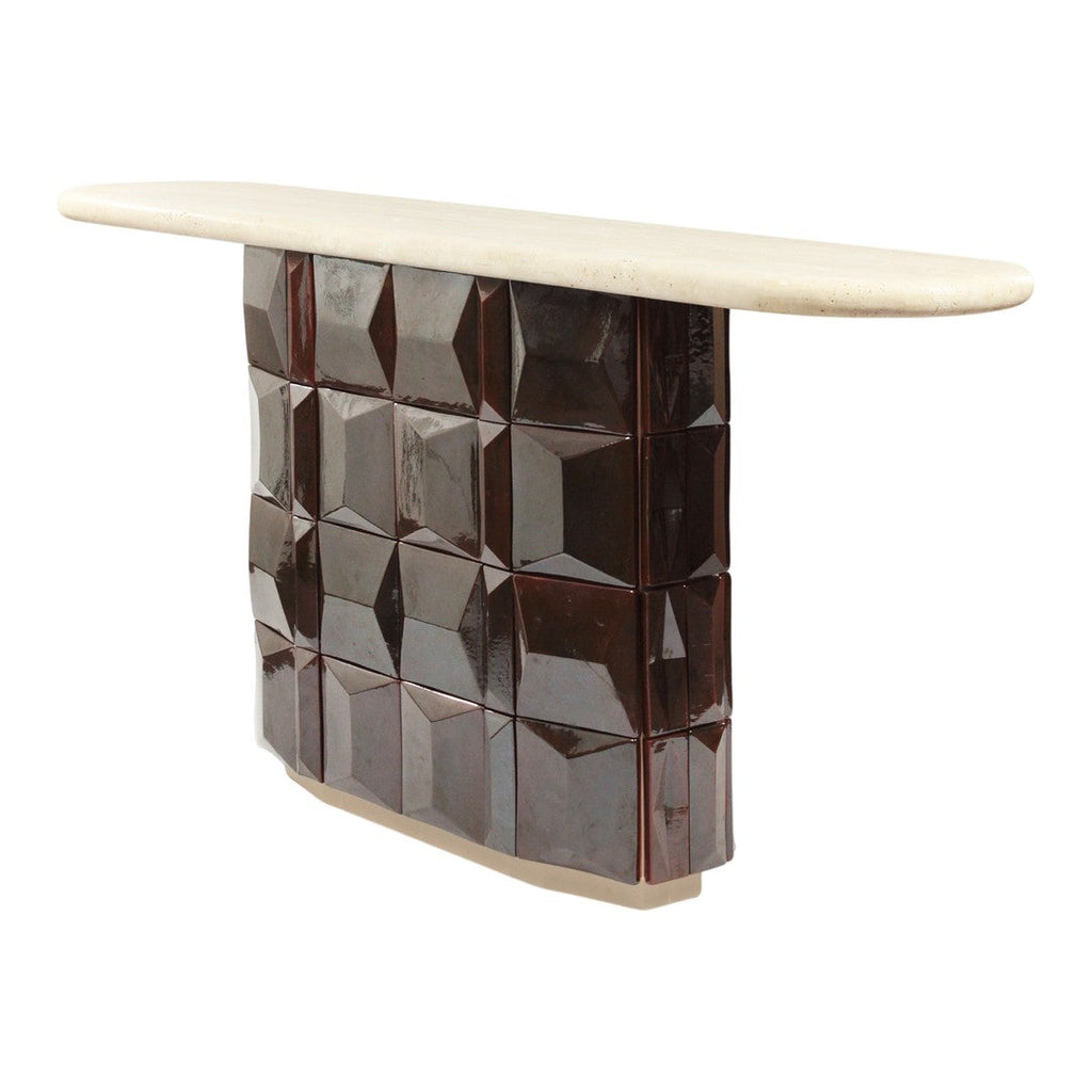 Console en bois laqué et carreaux de terre cuite avec piètement hexagonal sculptural pour couloir