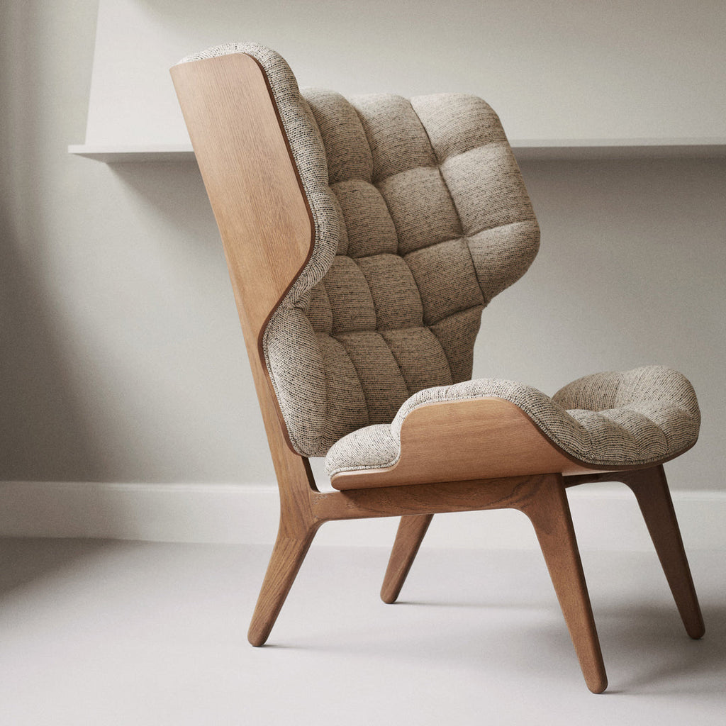 Fauteuil scandinave à haut dossier en chêne massif et placage stratifié pour salon