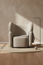 Fauteuil de salon pivotant entièrement rembourré Art Déco avec structure bloc volumineuse pour salon