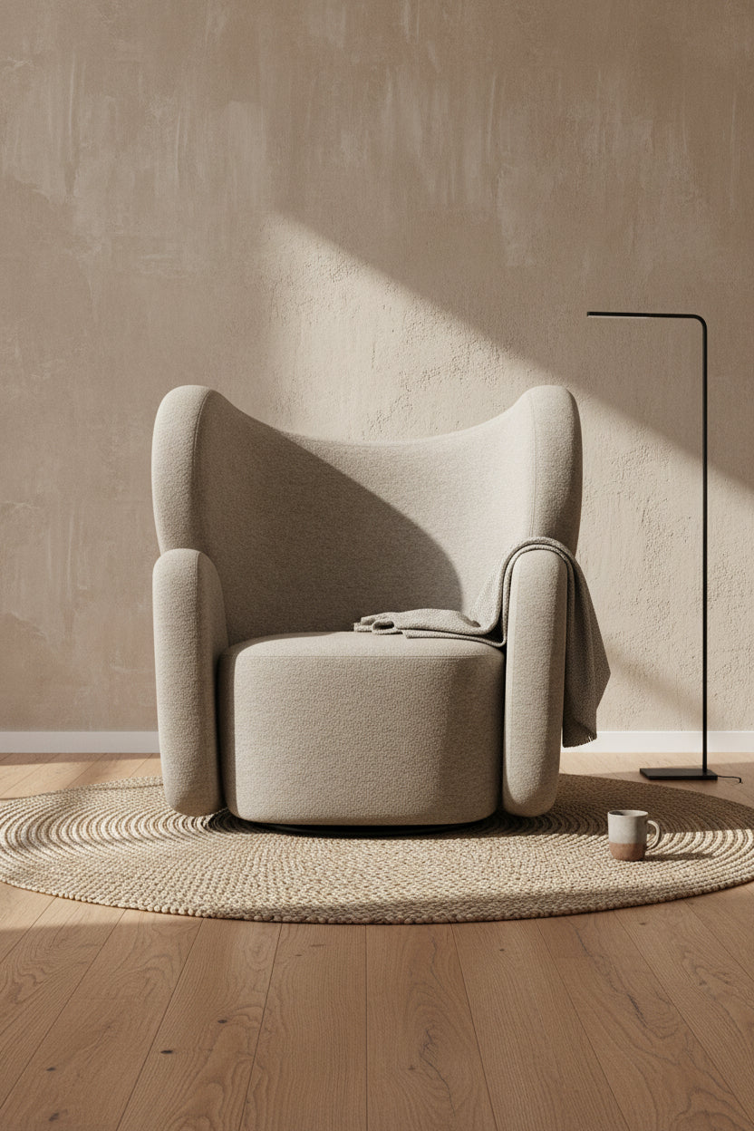 Fauteuil de salon pivotant entièrement rembourré Art Déco avec structure bloc volumineuse pour salon