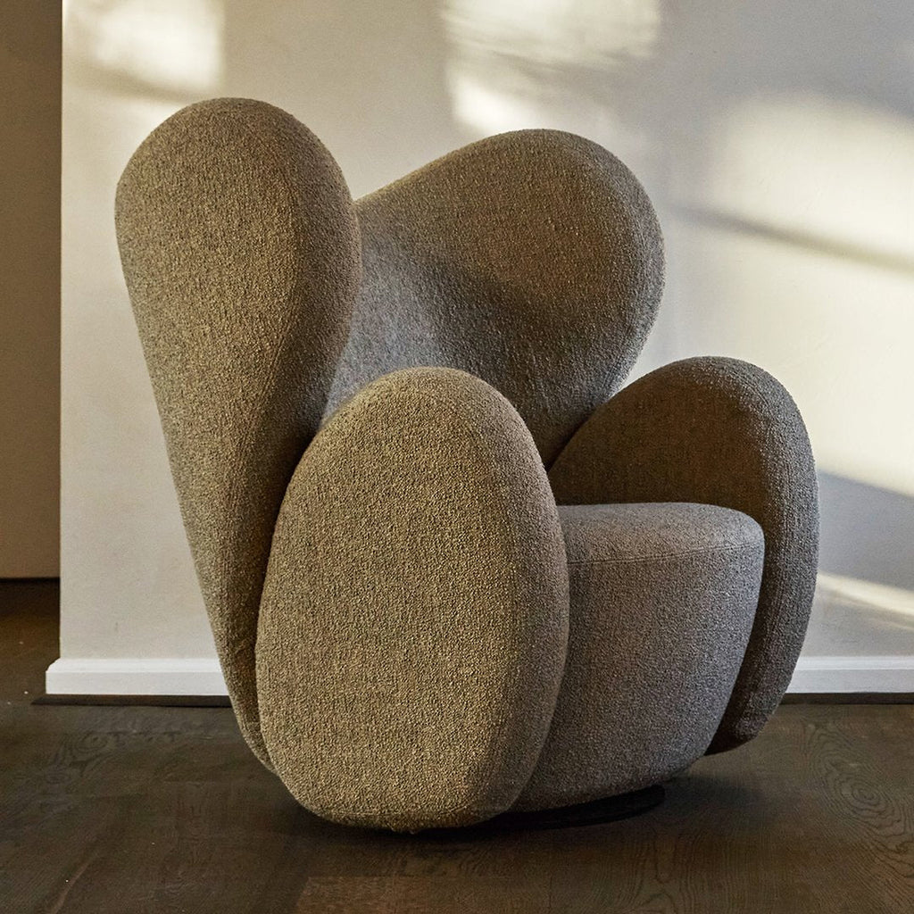 Fauteuil de salon pivotant entièrement rembourré Art Déco avec structure bloc volumineuse pour salon
