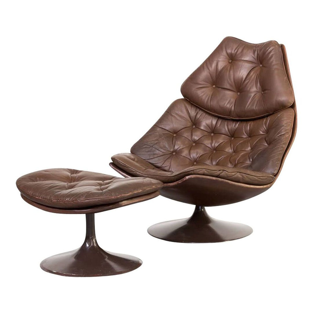 Fauteuil lounge pivotant à dossier haut rembourré de style Mid-Century avec piétement disque pour salon