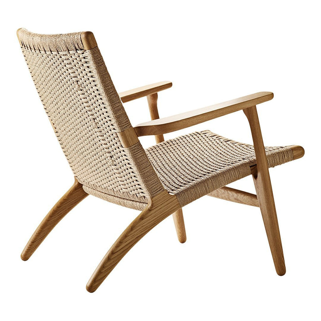 Fauteuil de salon scandinave en chêne massif et corde de papier avec accoudoirs larges et dossier inclinable pour salon