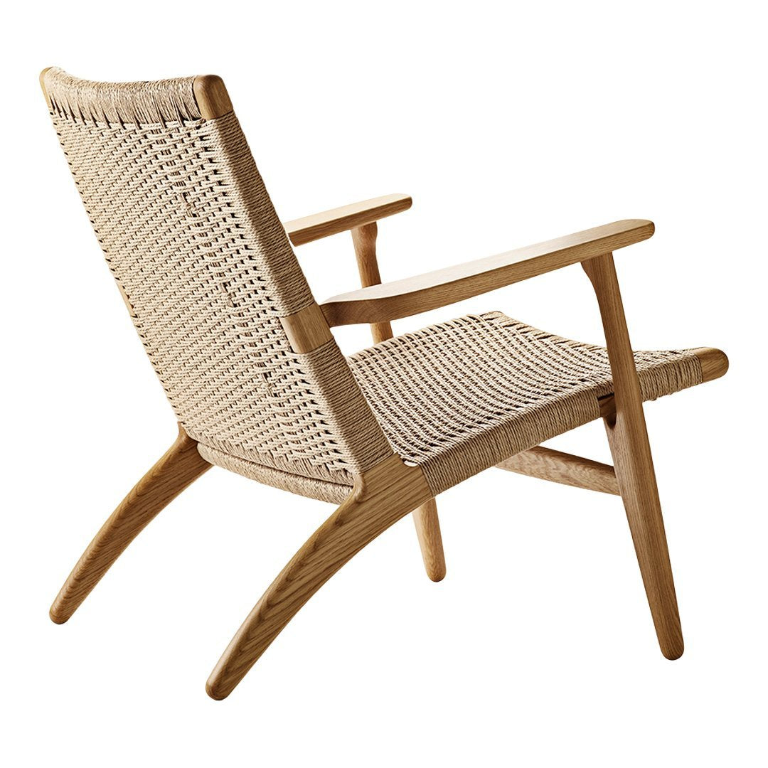 Fauteuil de salon scandinave en chêne massif et corde de papier avec accoudoirs larges et dossier inclinable pour salon