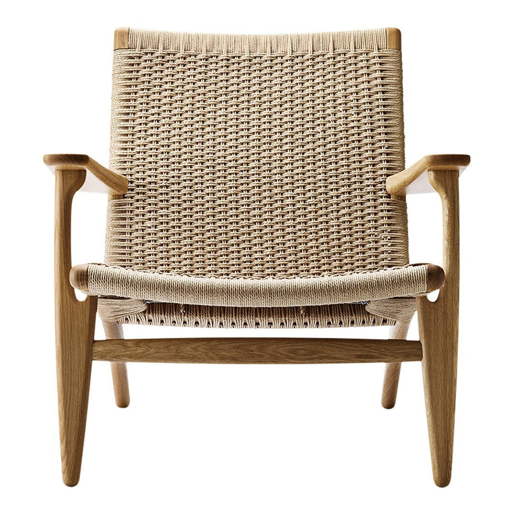 Fauteuil de salon scandinave en chêne massif et corde de papier avec accoudoirs larges et dossier inclinable pour salon