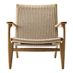 Fauteuil de salon scandinave en chêne massif et corde de papier avec accoudoirs larges et dossier inclinable pour salon