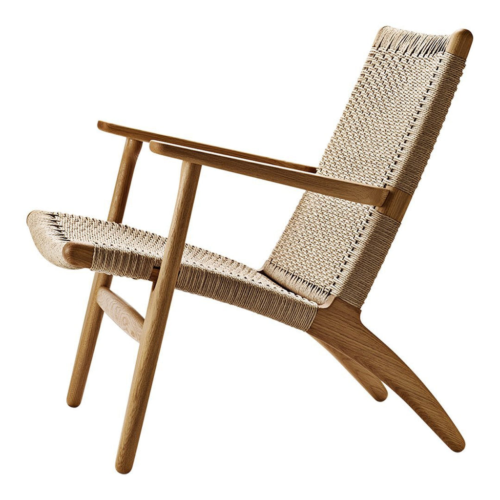 Fauteuil de salon scandinave en chêne massif et corde de papier avec accoudoirs larges et dossier inclinable pour salon