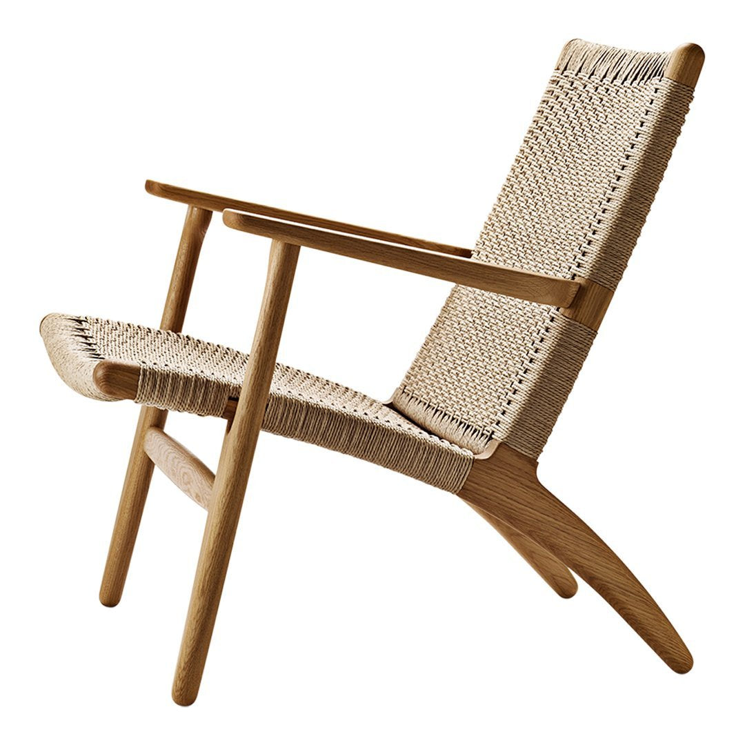 Fauteuil de salon scandinave en chêne massif et corde de papier avec accoudoirs larges et dossier inclinable pour salon