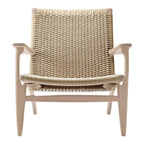 Fauteuil de salon scandinave en chêne massif et corde de papier avec accoudoirs larges et dossier inclinable pour salon