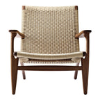 Fauteuil de salon scandinave en chêne massif et corde de papier avec accoudoirs larges et dossier inclinable pour salon
