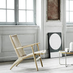 Fauteuil de salon scandinave en chêne massif et corde de papier avec accoudoirs larges et dossier inclinable pour salon