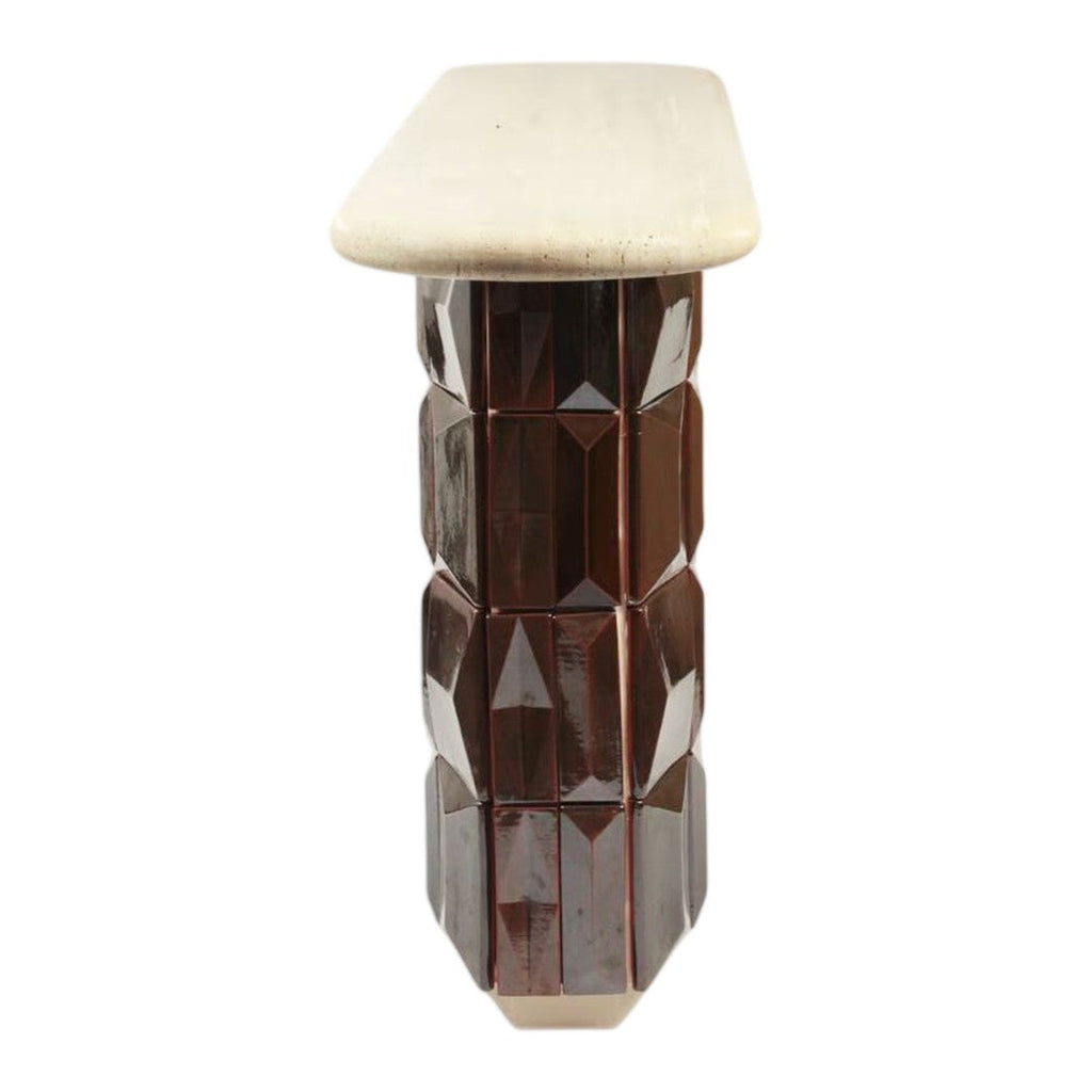 Console en bois laqué et carreaux de terre cuite avec piètement hexagonal sculptural pour couloir