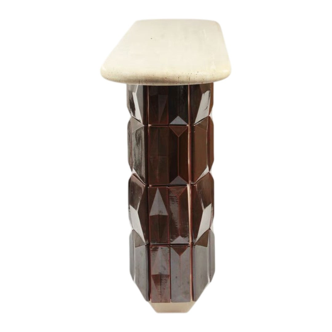 Console en bois laqué et carreaux de terre cuite avec piètement hexagonal sculptural pour couloir