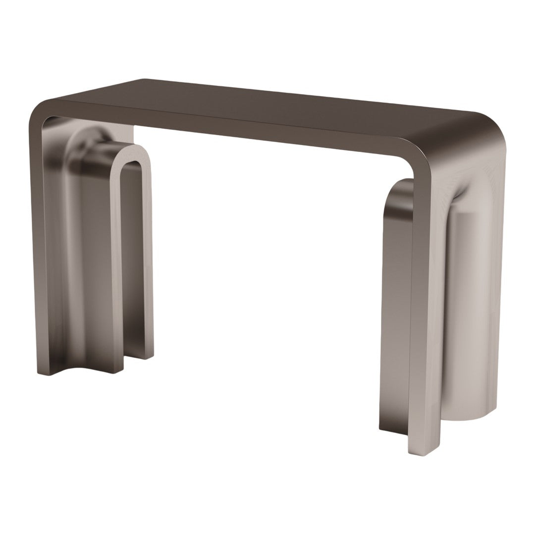 Console contemporaine en acier inoxydable brossé avec forme courbée fluide pour salon