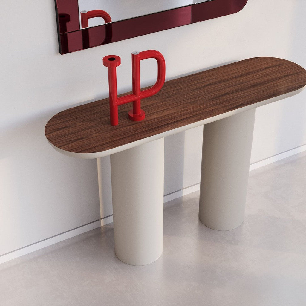 Console moderne laquée avec plateau ovale et pieds cylindriques pour le couloir