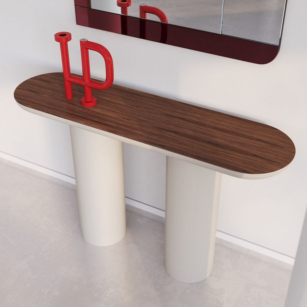 Console moderne laquée avec plateau ovale et pieds cylindriques pour le couloir