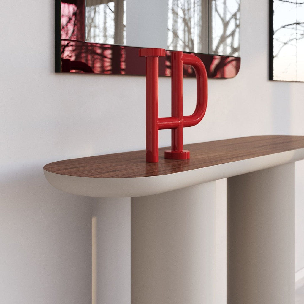 Console moderne laquée avec plateau ovale et pieds cylindriques pour le couloir