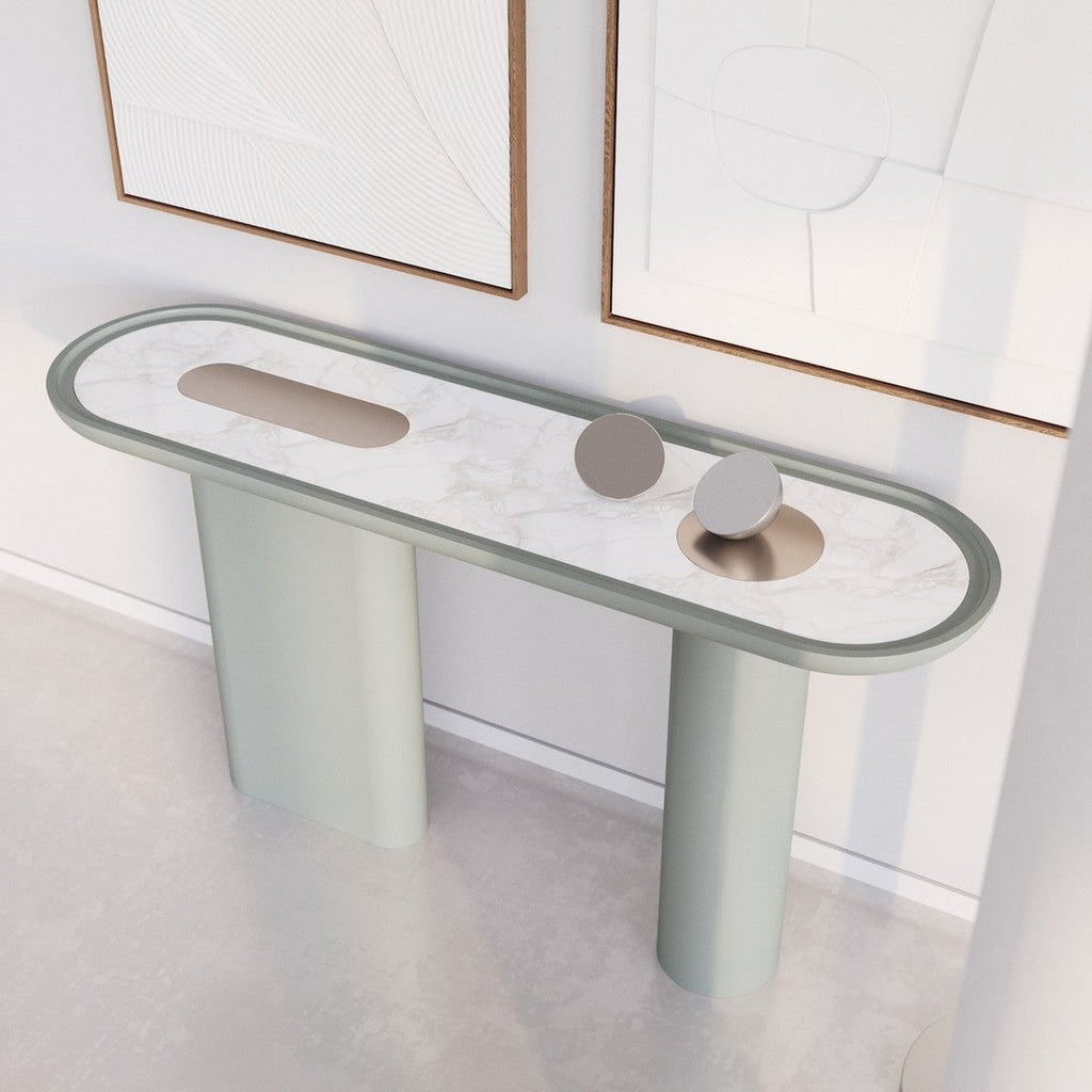 Console laquée de luxe avec plateau ovale en marbre Arabescato pour couloir ou salon