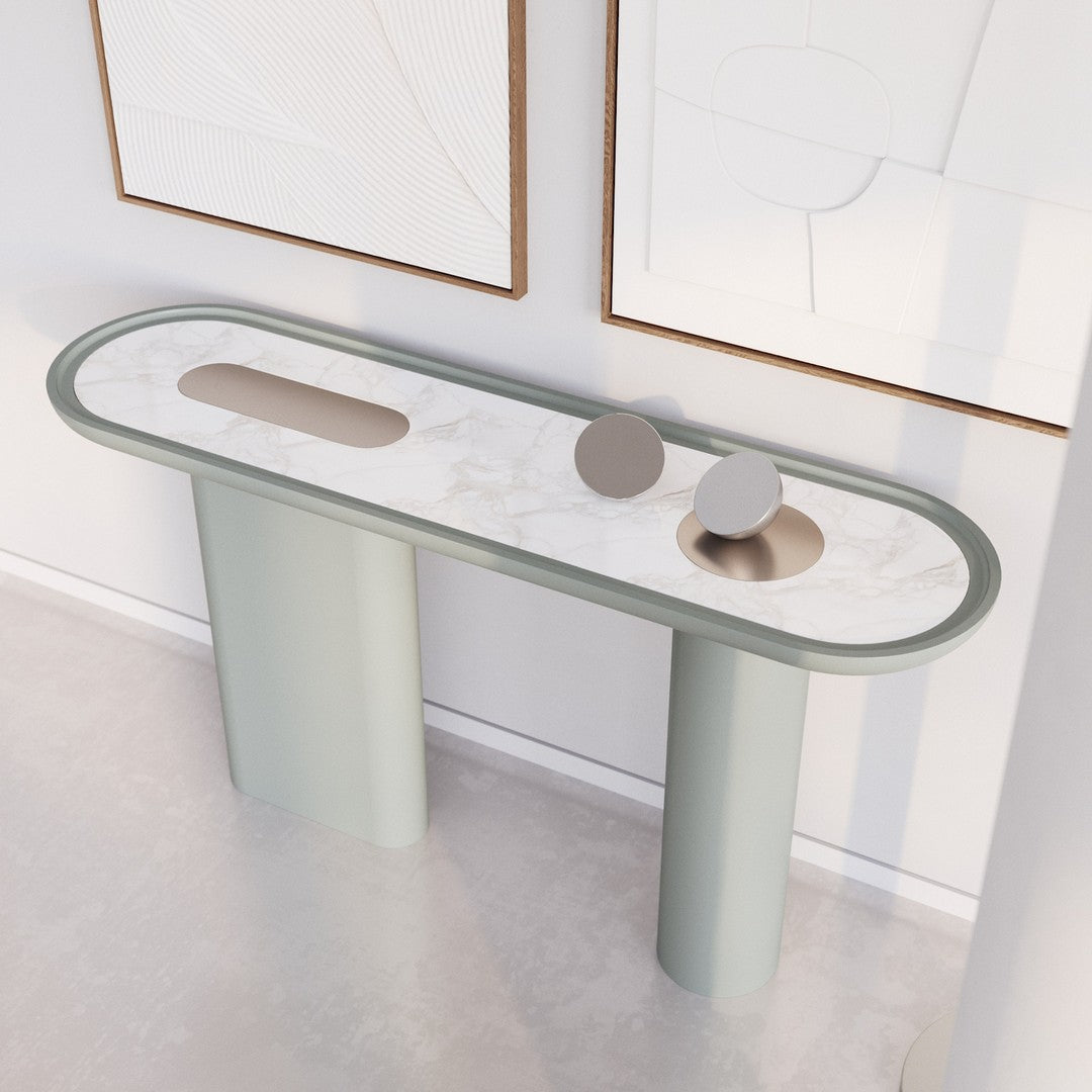 Console laquée de luxe avec plateau ovale en marbre Arabescato pour couloir ou salon
