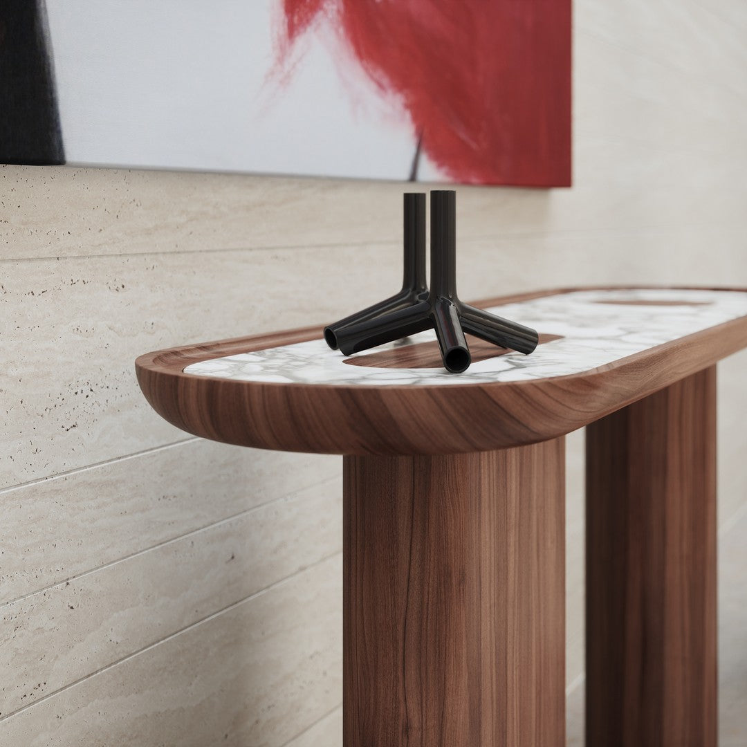 Console laquée de luxe avec plateau ovale en marbre Arabescato pour couloir ou salon