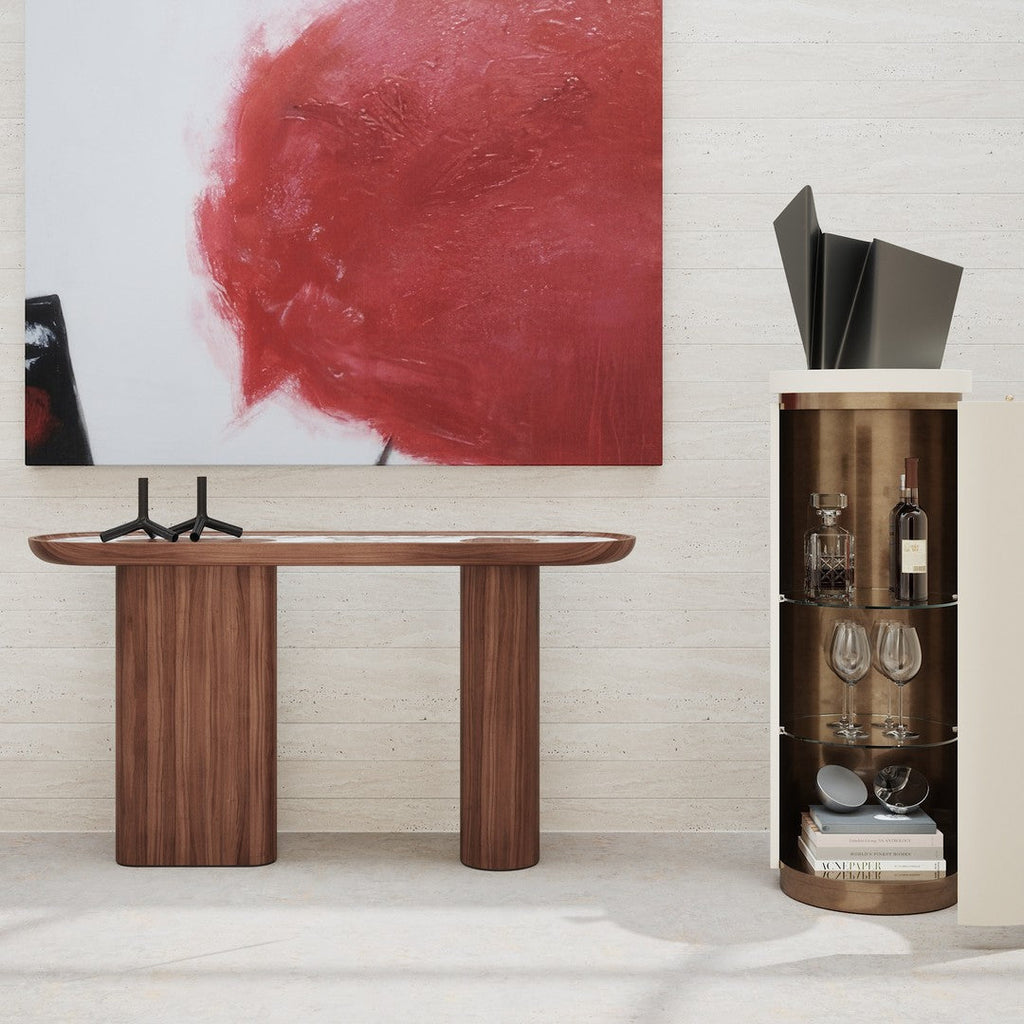 Console laquée de luxe avec plateau ovale en marbre Arabescato pour couloir ou salon