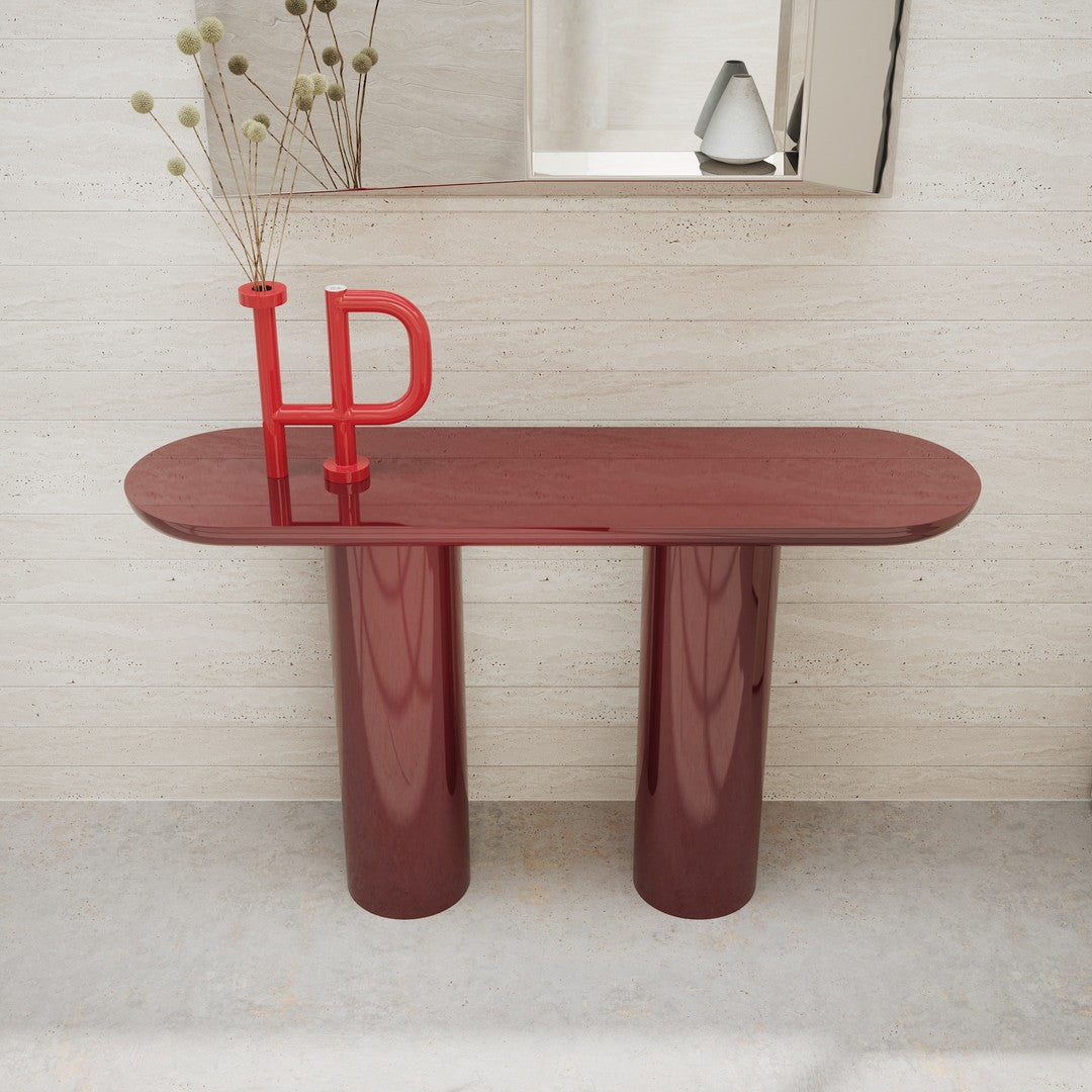 Console moderne laquée avec plateau ovale et pieds cylindriques pour le couloir