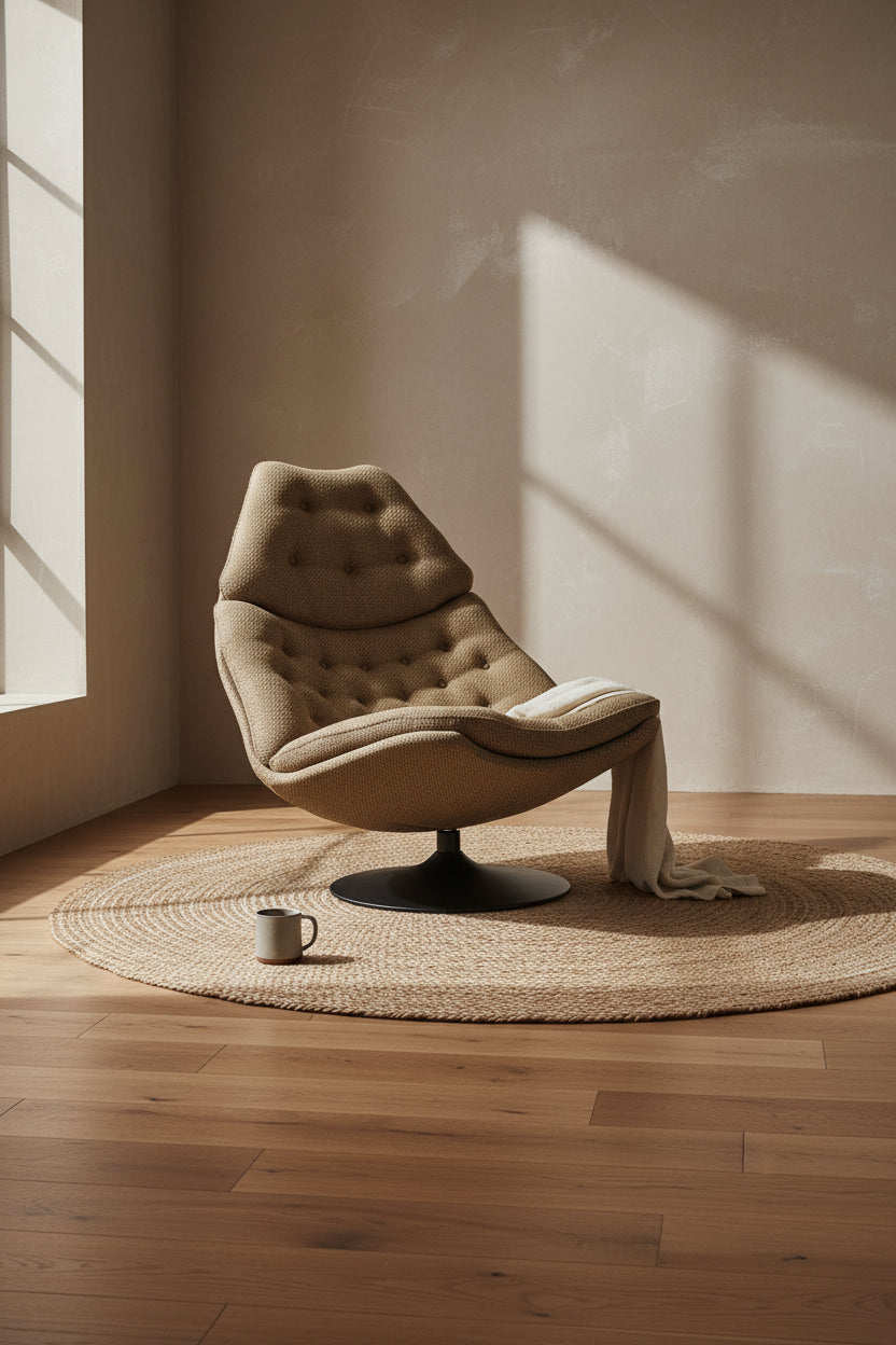 Fauteuil lounge pivotant à dossier haut rembourré de style Mid-Century avec piétement disque pour salon
